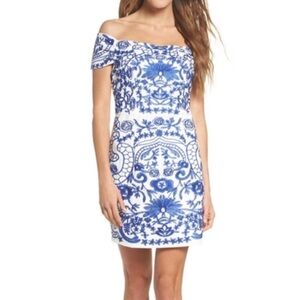 Blue and White Off the Shoulder Dress